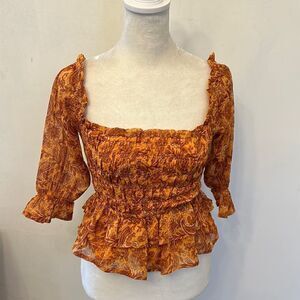Patrons of Peace marigold floral gathered short blouse Size XS New